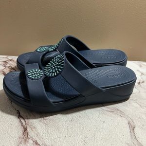 Crocs Blue Monterey Diamante Slip On Wedge Flip Flops Sandals Womens Size 9 US